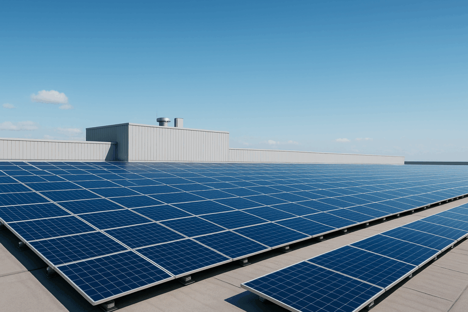 Impianto fotovoltaico industriale su tetto Impianto fotovoltaico industriale su tetto aziendale con pannelli orientati al sole con pannelli orientati al sole